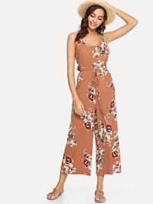 Floral Tie Waist Jumpsuit With Backless Strap