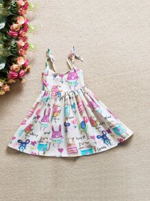 Girls Cartoon Print Tie Strap Dress