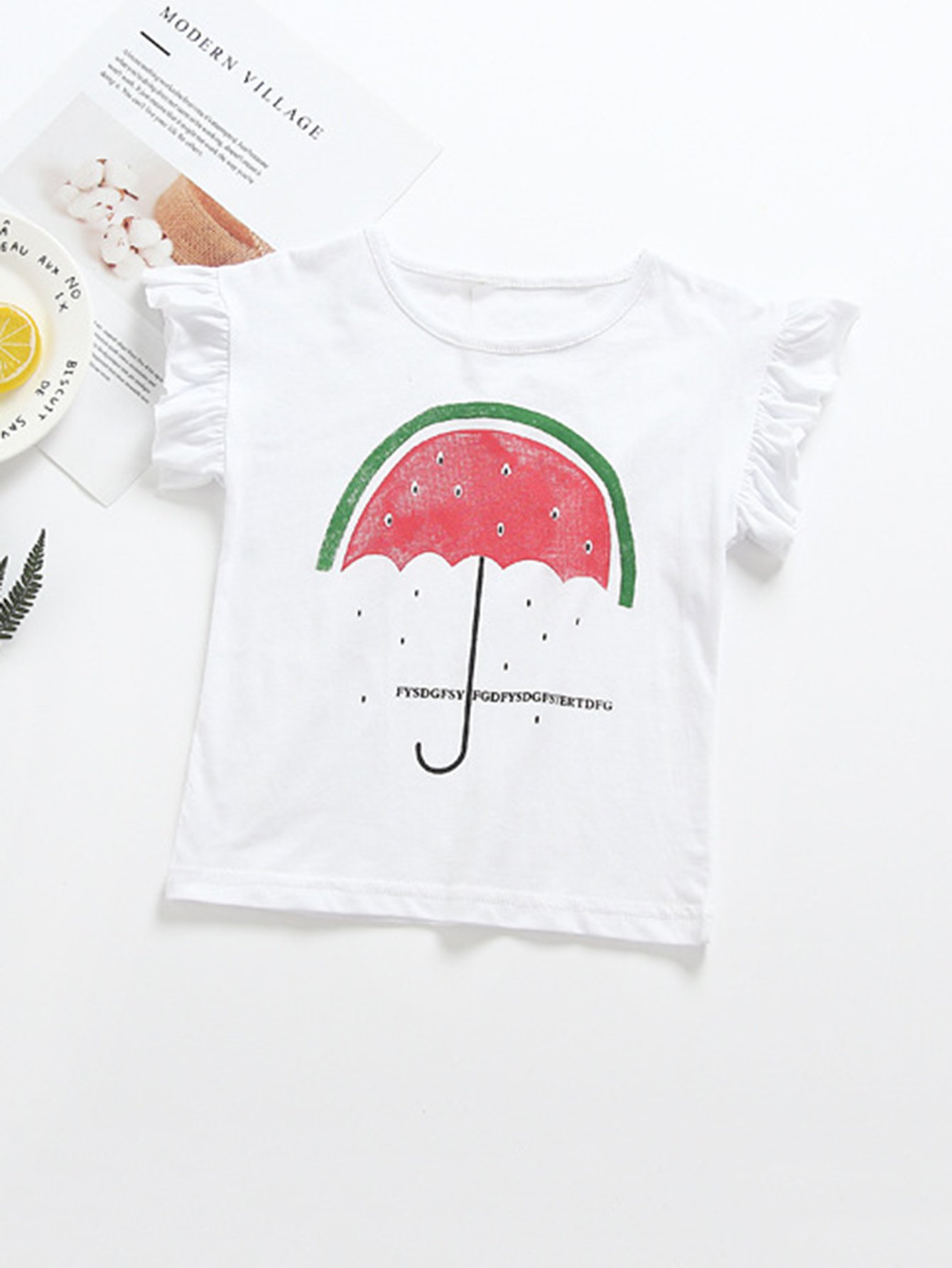 Watermelon Print Frill Trim T-shirt frill trim shirt