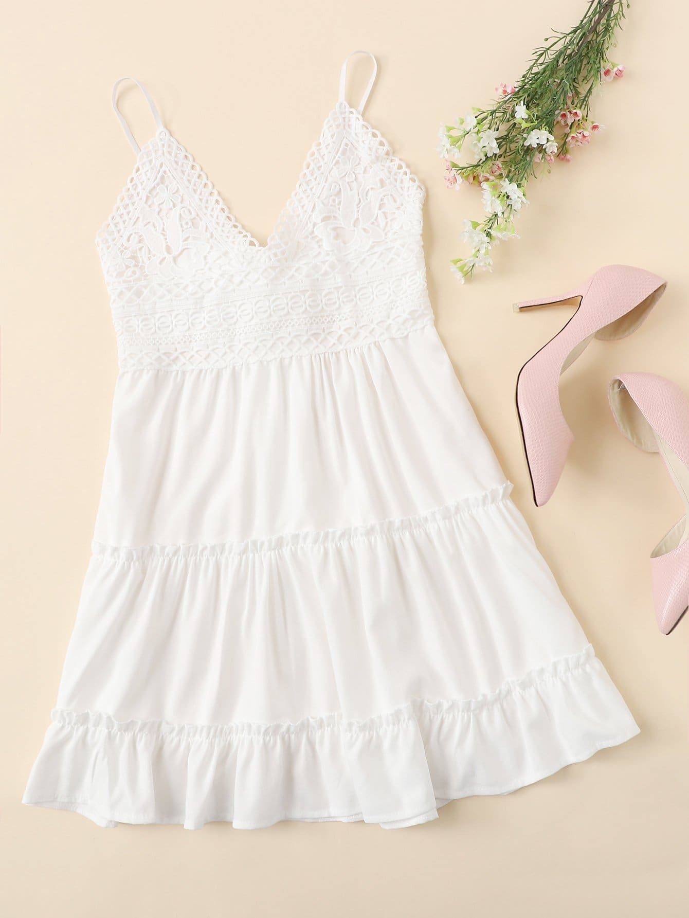 Contrast Lace Knot Back Ruffle Hem Cami Dress