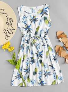Drawstring Waist Pineapple Print Dress