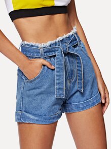Raw Hem Tie Waist Denim Shorts