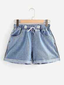 Roll-Up Hem Stripe Side Denim Shorts