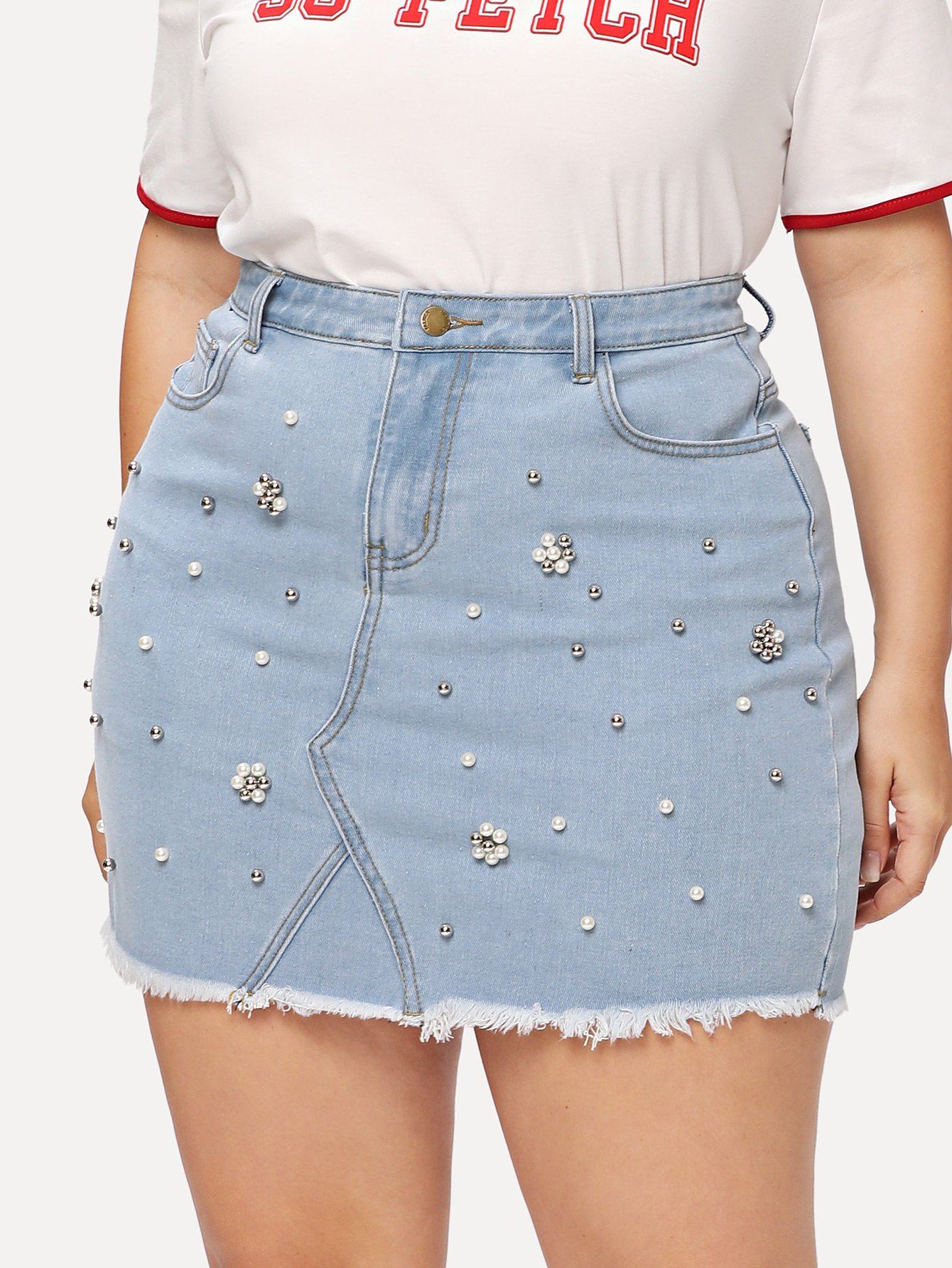 Plus Faux Pearl Beading Raw Hem Denim Skirt