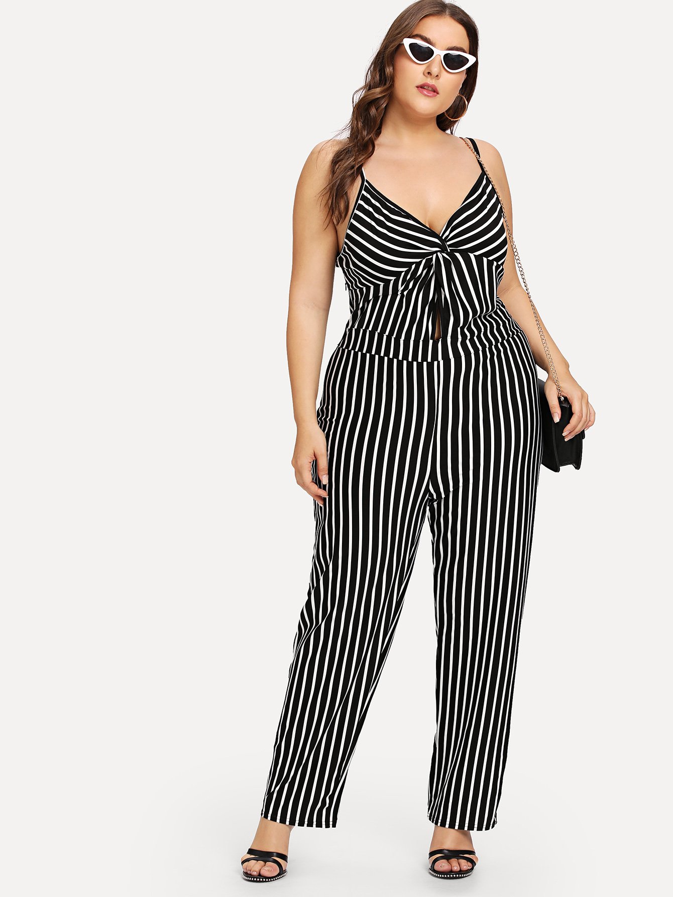Plus Cut Out Twist Front Striped Cami Jumpsuit