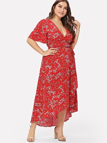 Flutter Sleeve Overlap Hem Floral Dress