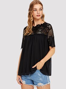 Lace Shoulder Frill Detail Smock Top