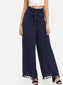 Tassel Trim Tie Waist Palazzo Pants