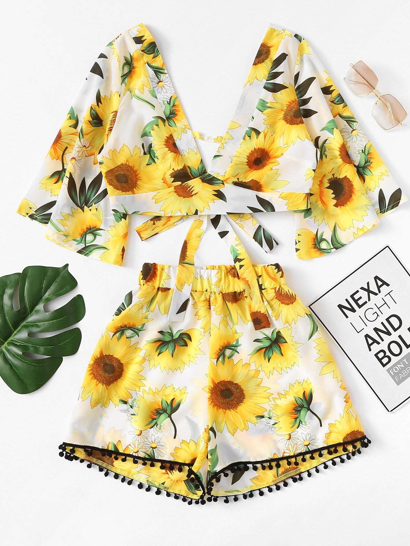 Random Florals Knot Back Crop Top With Shorts