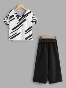 Colorblock V Neck Top With Wide Leg Pants