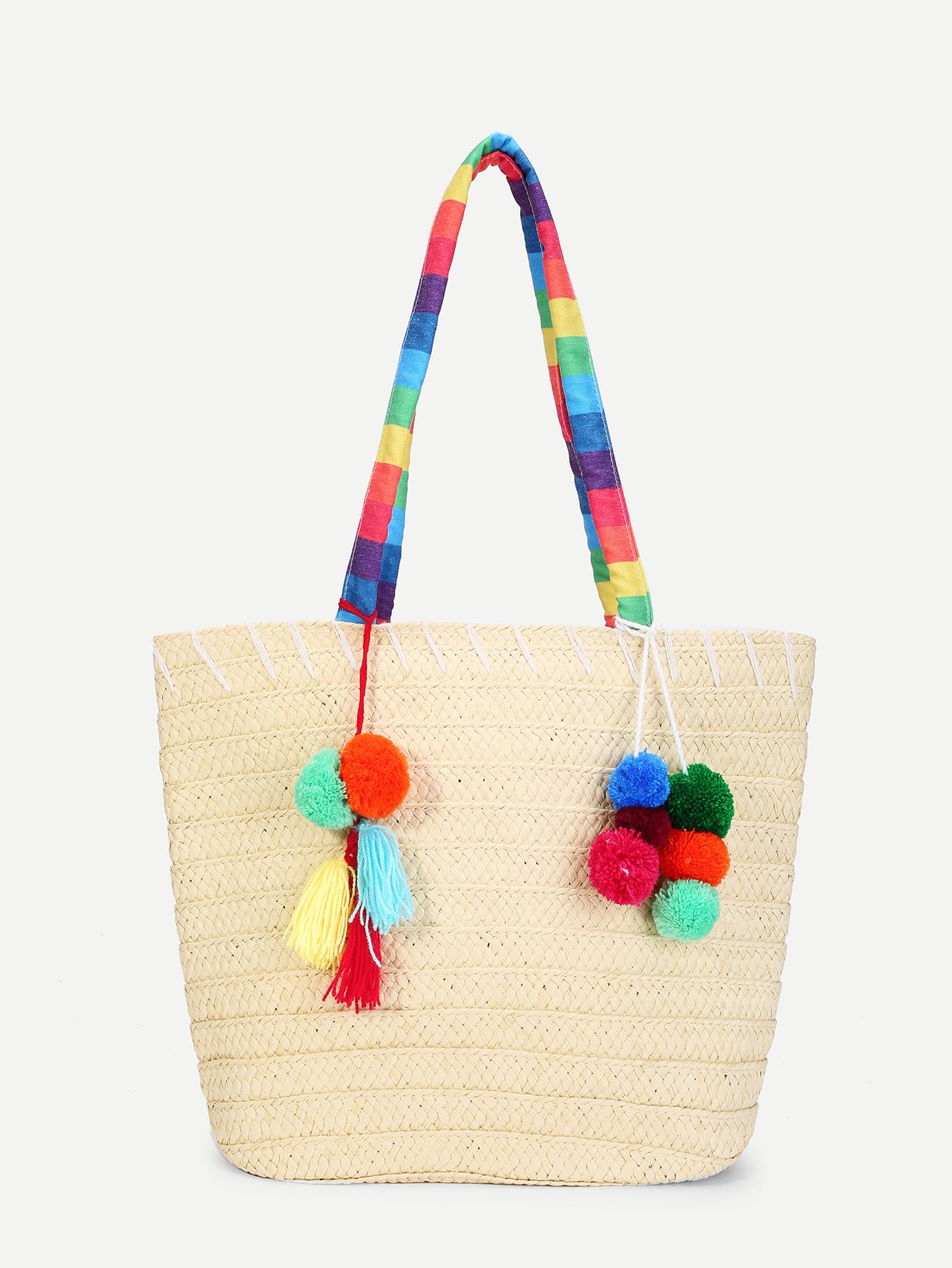 Tassel & Pom Pom Detail Straw Bag pom pom tassel ethnic pendant earrings