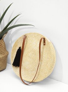Round Shaped Straw Bag With Tassel