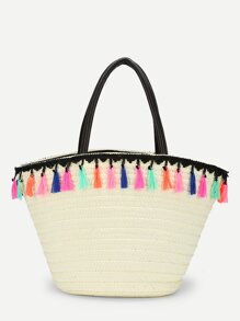 Straw Tote Bag With Tassel Trim