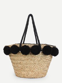 Straw Tote Bag With Pom Pom