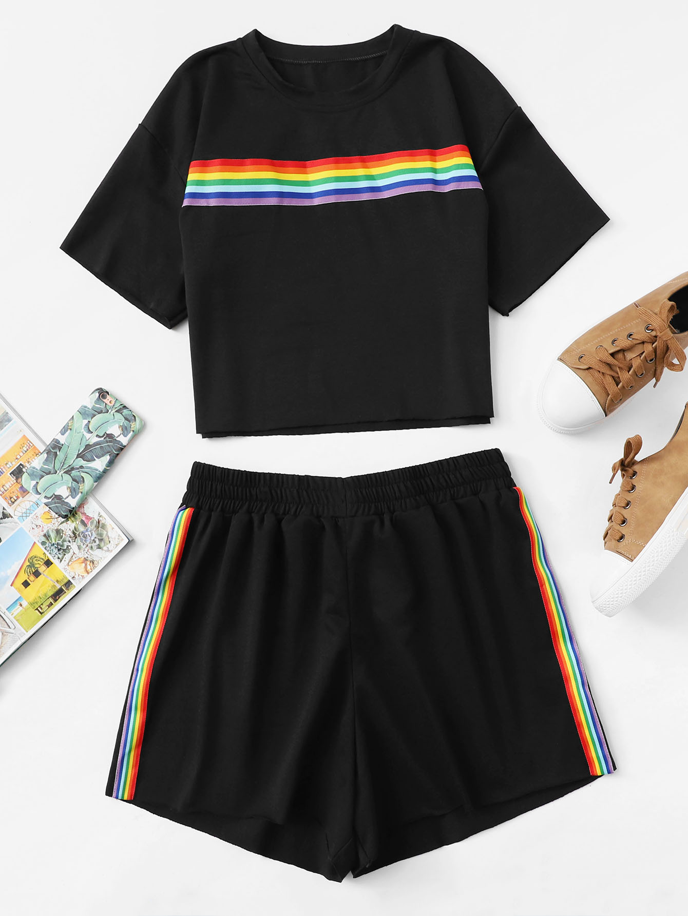 Plus Drop Shoulder Striped Tape Tee With Shorts