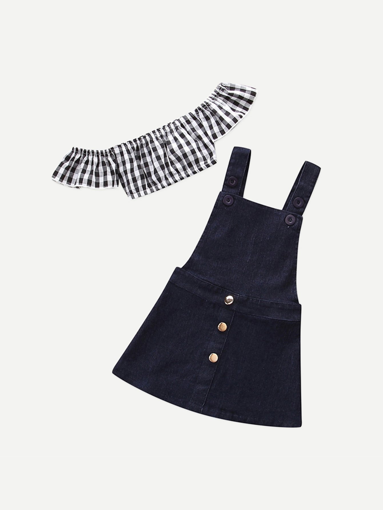 Girls Gingham Crop Top With Denim Overall Skirt