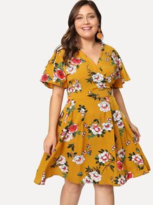 Surplice Neck Flower Print Dress
