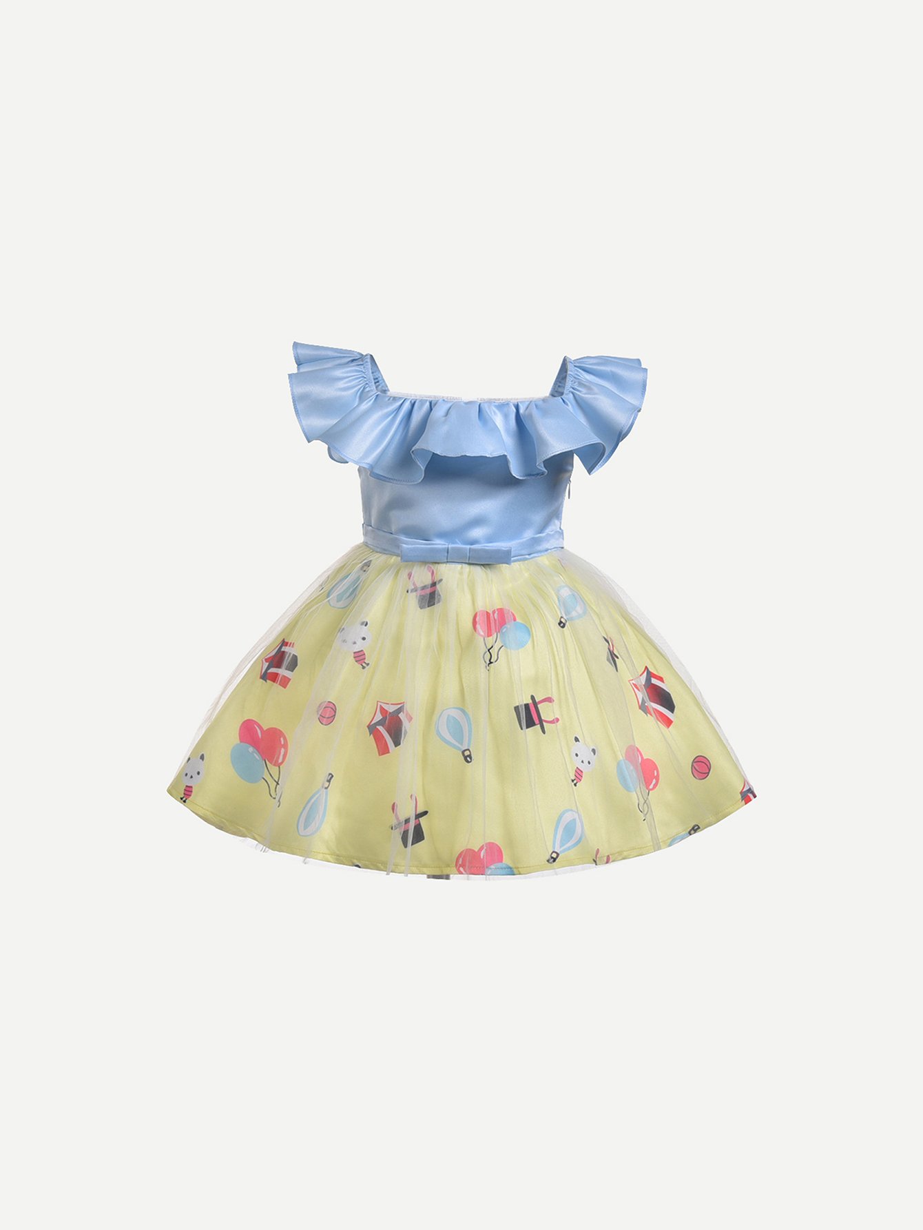 Girls Ruffle Trim Tie Detail Contrast Mesh Dress ruffle mesh panel dress