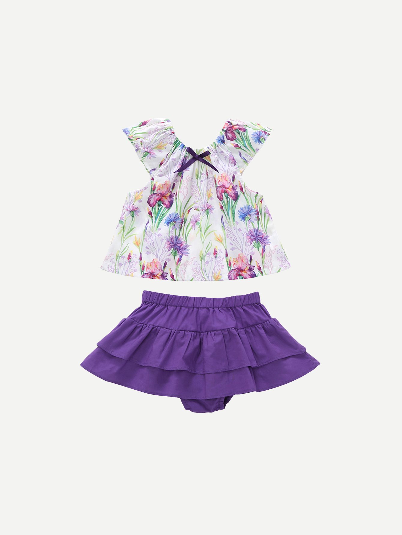Girls Tie Detail Floral Blouse With Ruffle Hem Skirt