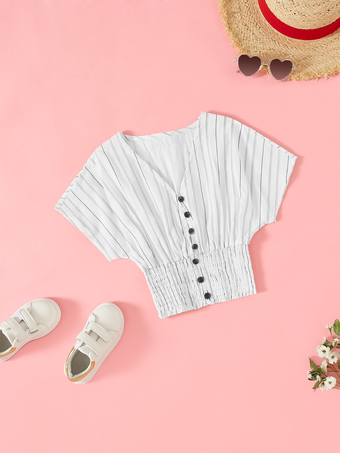 Batwing Sleeve Shirred Hem Button Up Полосатая блузка