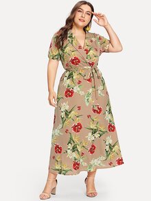 Notch Collar Wrap Front Botanical Dress