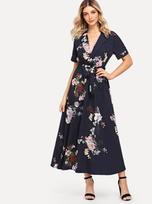 Notch Collar Wrap Front Belted Botanical Dress