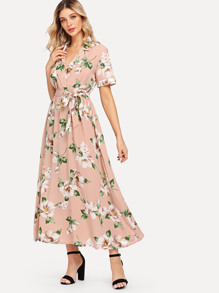 Notch Collar Wrap Front Belted Botanical Dress