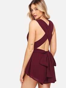Deep V Neck Solid Sleeveless Romper