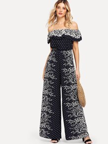 Flounce Off Shoulder Mixed Print Jumpsuit