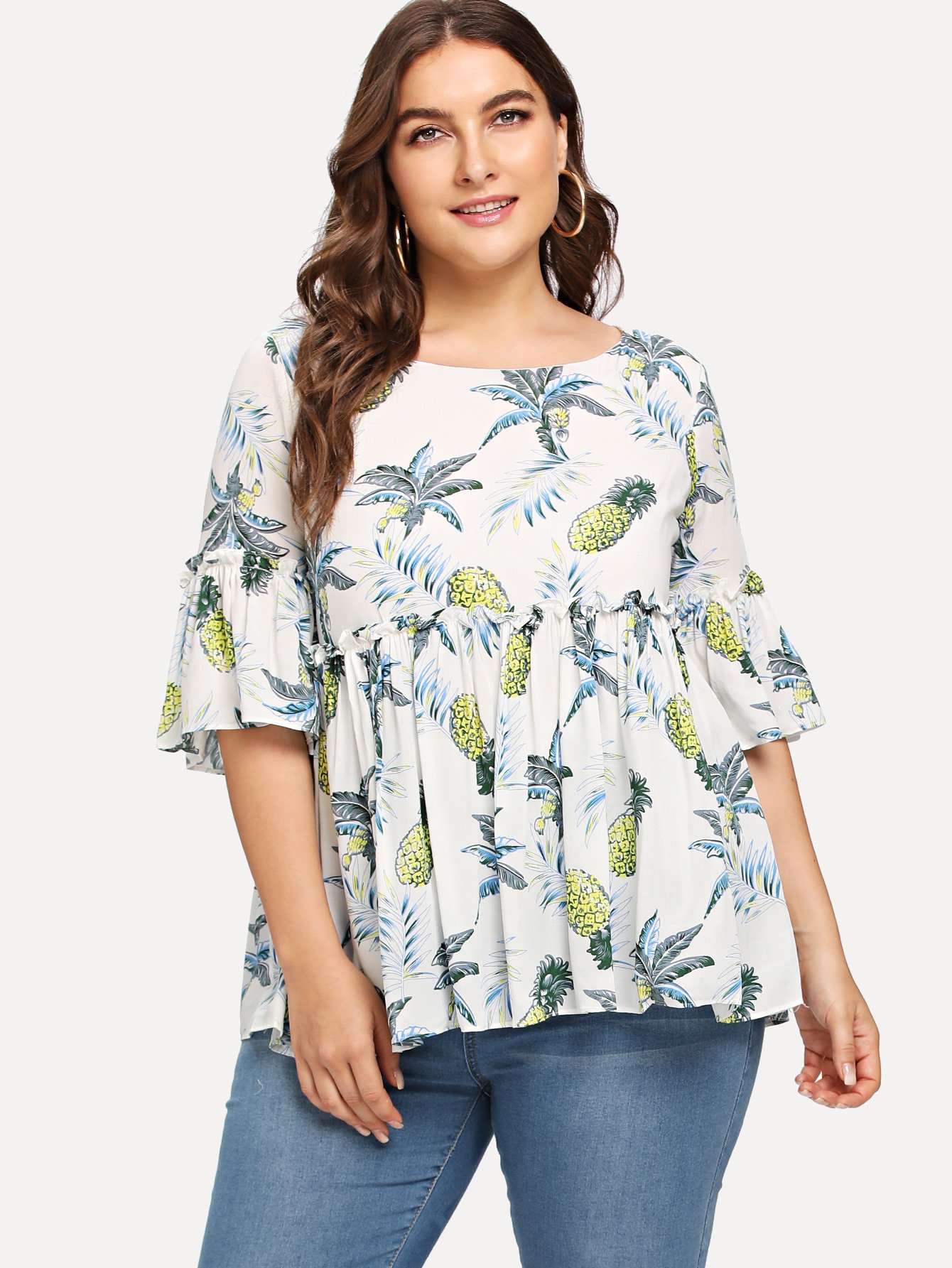 Plus Pineapple Print Flounce Sleeve Frill Blouse