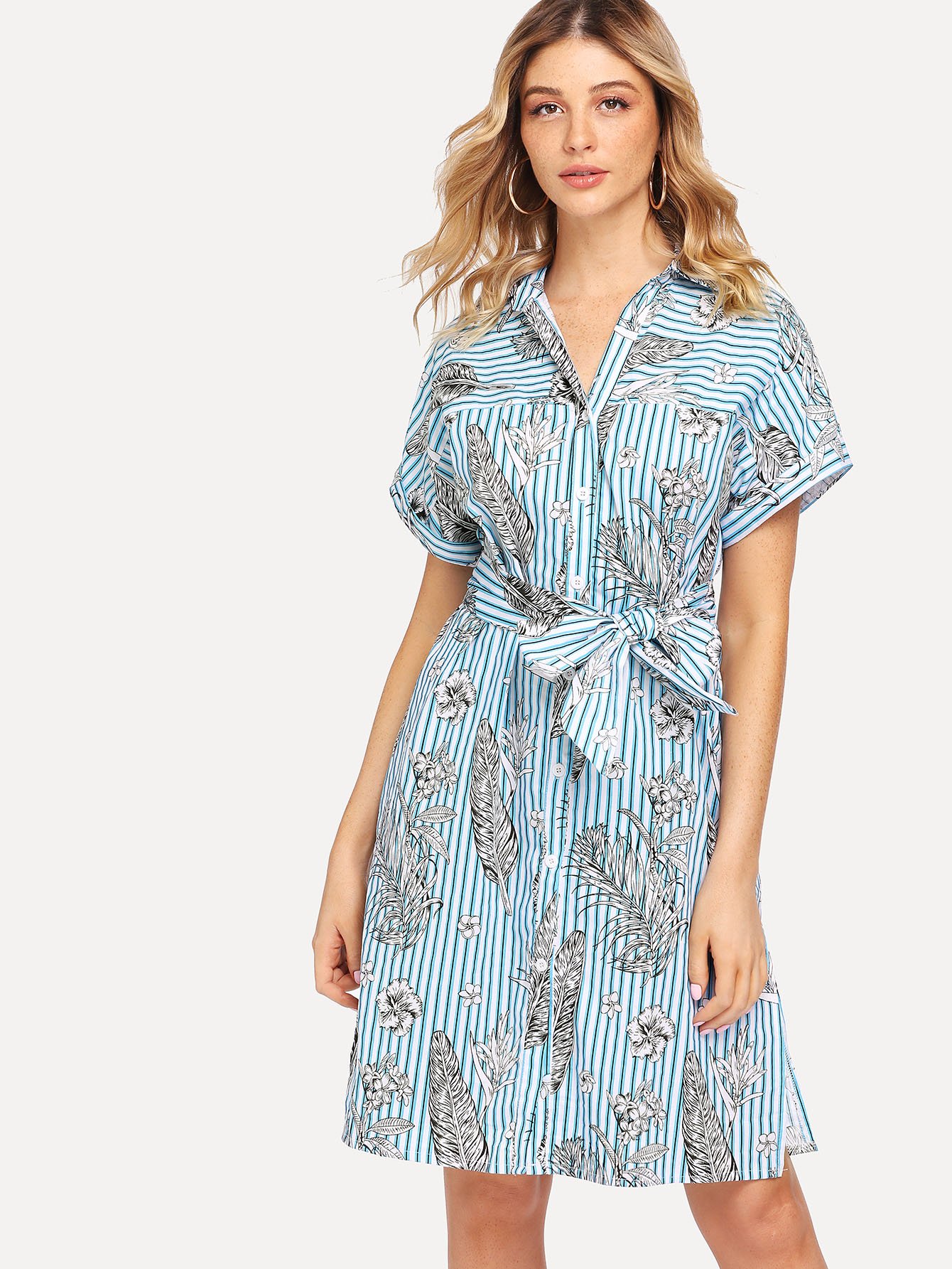 все цены на Floral Print Striped Slit Side Shirt Dress онлайн