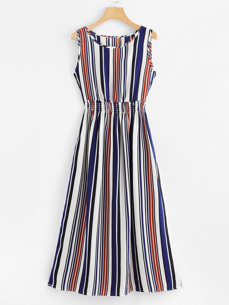Barcode-Stripe Elastic Waist Dress, Multicolor