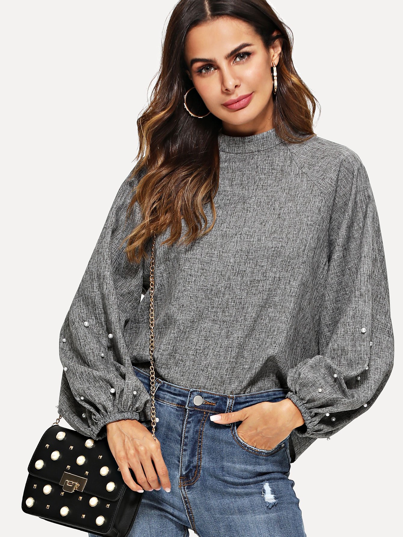 Mock Neck Pearl Бисероплетение Фонарь Втулка Вверх