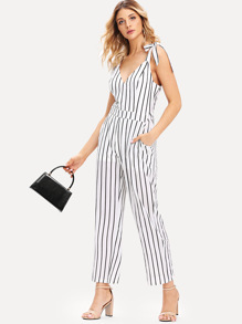 Tie Strap Vertical-Striped Jumpsuit