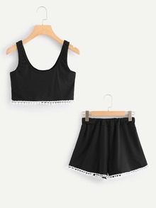 Pom Pom Hem Crop Top With Shorts