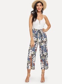 Lace Up Cami With Wide Leg Leaf Print Pants