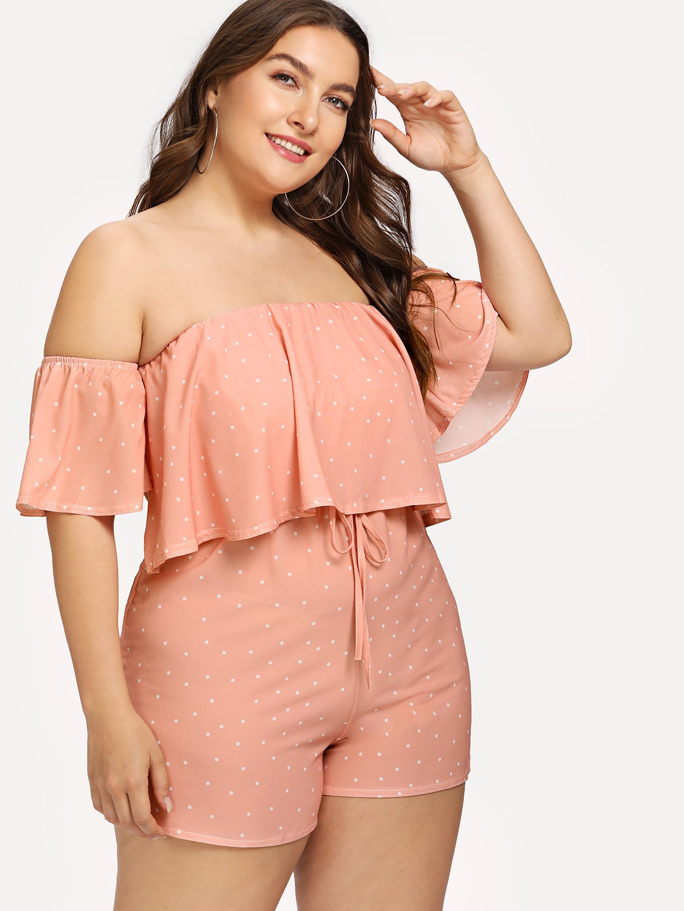 Plus Dot Print Off-Shoulder Drawstring Waist Jumpsuit