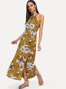 Floral Print Split Halter Dress