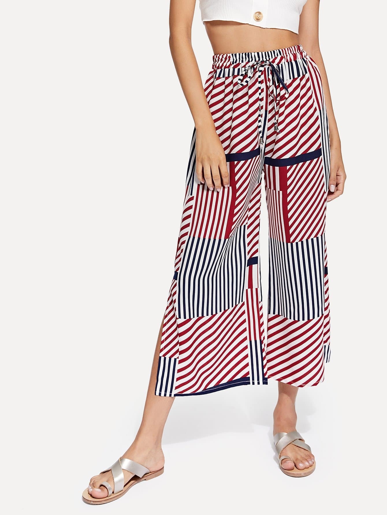 Полосатые сплитские широкие штаны для ног