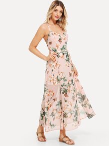 Lace Up Back Floral Print Dress