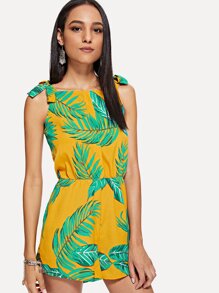 Knot Shoulder Leaf Print Romper