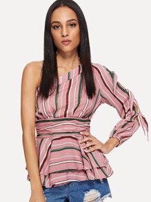 One Shoulder Ruched Waist Layered Ruffle Top