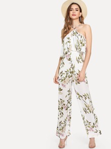 Halterneck Double Layer Botanical Jumpsuit