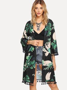 Open Front Jungle Leaf Print Tassel Hem Kimono