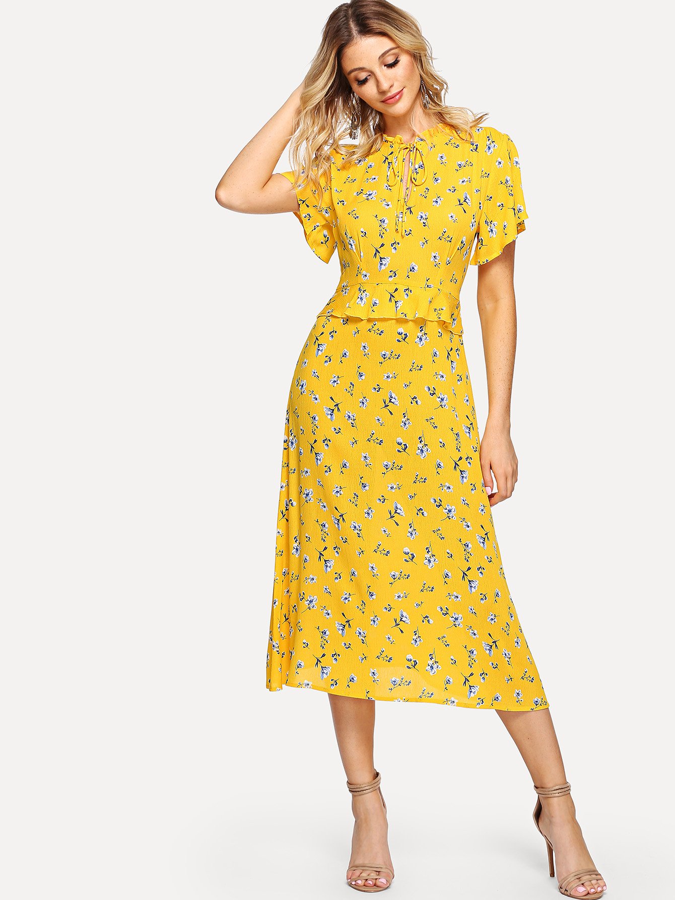 Flounce Sleeve Ruffle Trim Цветочное платье для печати