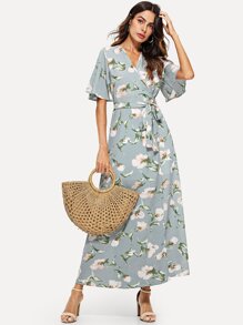 Surplice Wrap Self Tie Floral Print Dress