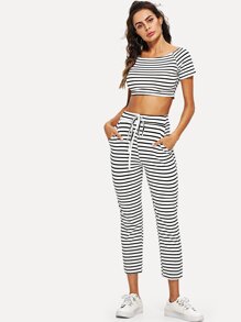 Stripe Crop Tee & Drawstring Wasit Pants