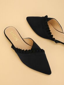 Ruffle Trim Pointed Toe Flat Mules