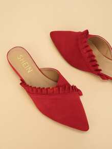 Ruffle Trim Pointed Toe Flat Mules