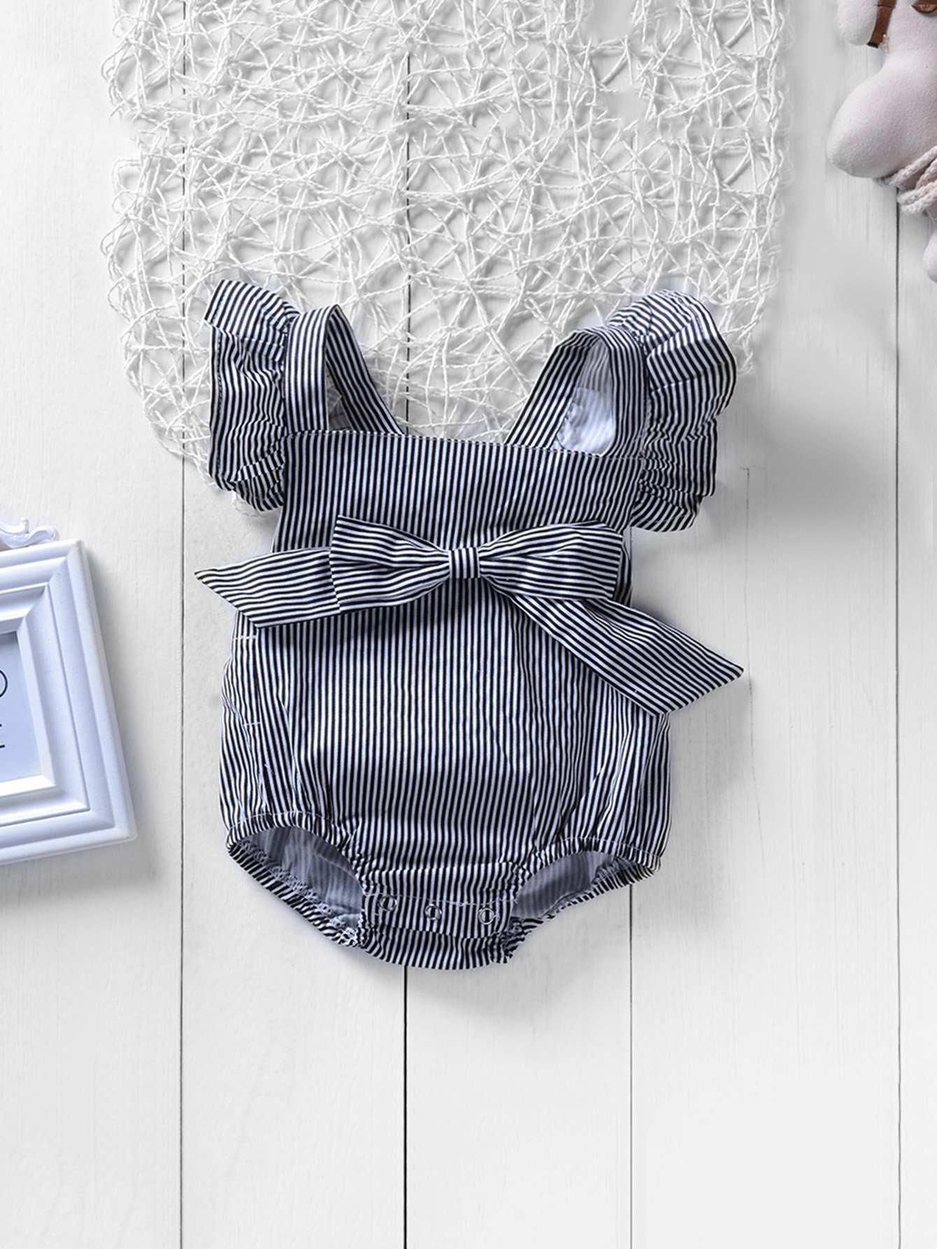 Girls Bow Detail Ruffle Trim Striped Jumpsuit